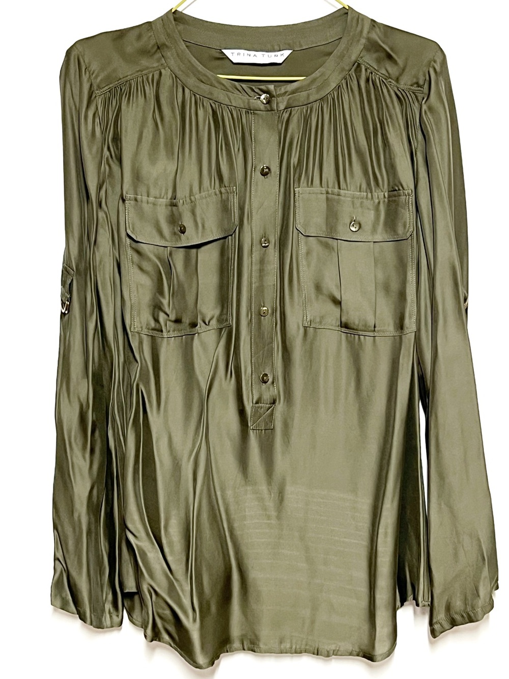 New Trina Turk Olive Silk Utility Style Half Button Blouse Sz S
